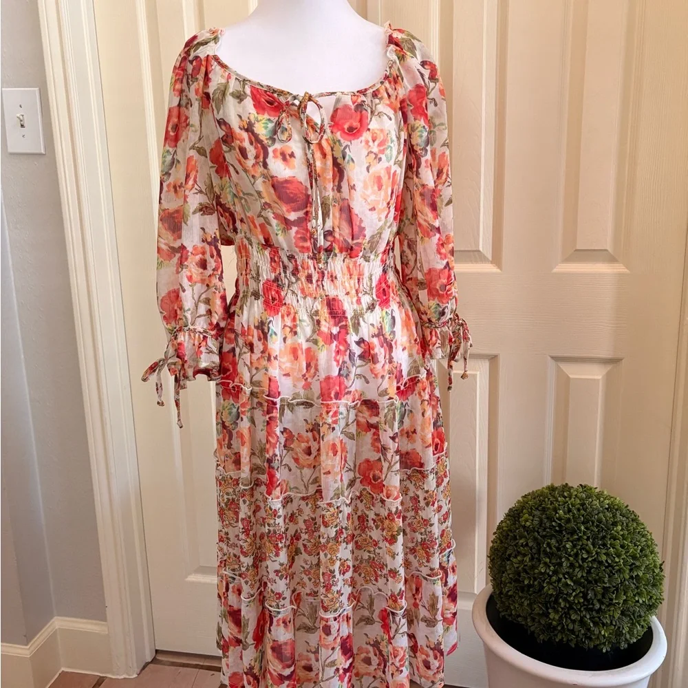 Anthropologie - Fig and Flower Floral Long Sleeve Dress - Red and Green - Picture 2 of 3